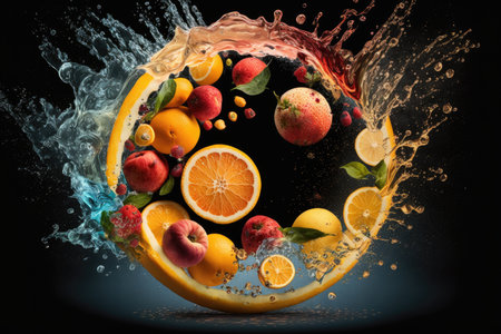 water splash with fruits.の素材