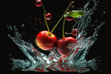 sweet cherry falling in water burst.の素材