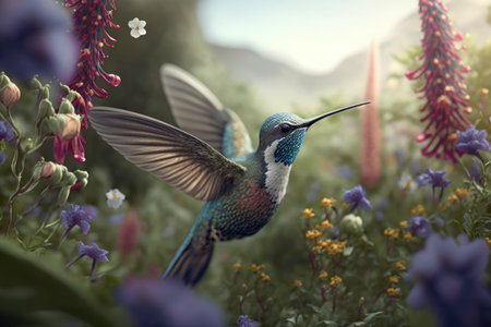 hummingbird drinks nectar from flowers.の素材