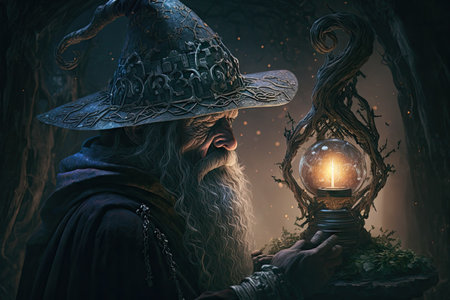 wizard brews a potion in a pot.の素材