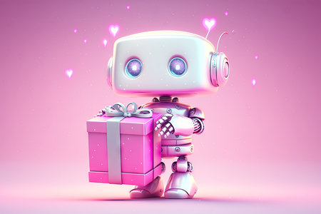 happy pink robot with a gift box.の素材