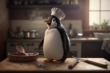 penguin a chef standing in the kitchen.の素材
