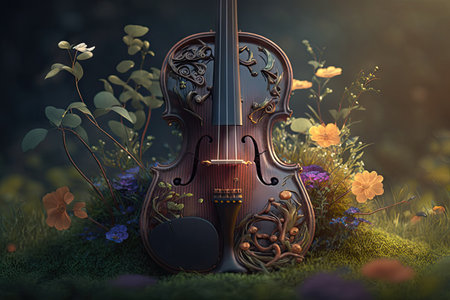 magic violin on the meadow.の素材