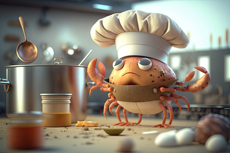 crab a chef standing in the kitchen.の素材