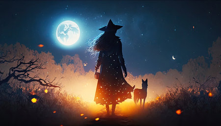 witch with black cat on the full moon background.の素材