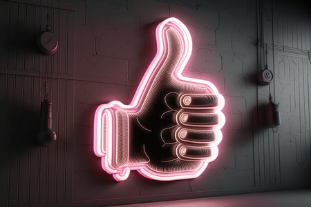 light pink neon electric thumb up symbol on the black wall.の素材