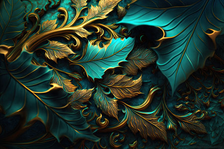 background with blue and gold leaves.の素材