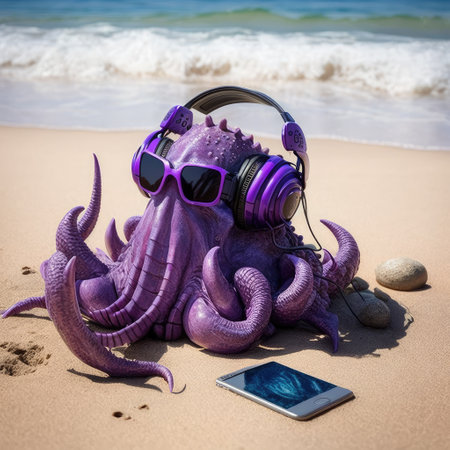 purple octopus with headphones.の素材
