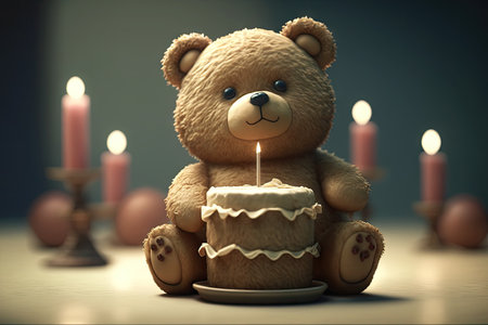 cute beige teddy bear and birthday cake on the candle background.の素材