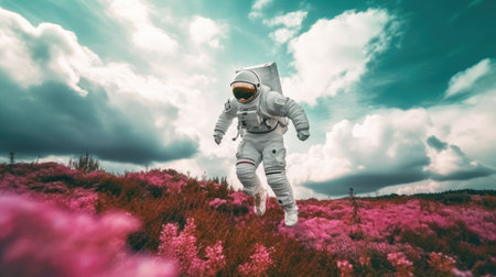 astronaut flying over meadow with pink flowers.の素材