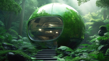 concept of the futuristic eco sphere house in the wood.の素材