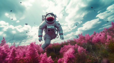 astronaut flying over meadow with pink flowers.の素材