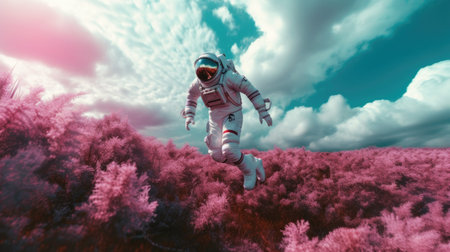 astronaut flying over meadow with pink flowers.の素材