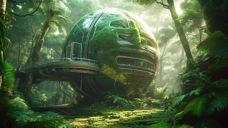 concept of the futuristic eco sphere house in the wood.の素材