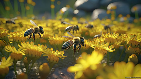 group of bees on the yellow flowers.の素材