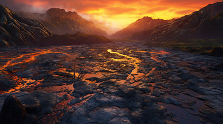 landscape photography of mountains with magma.の素材