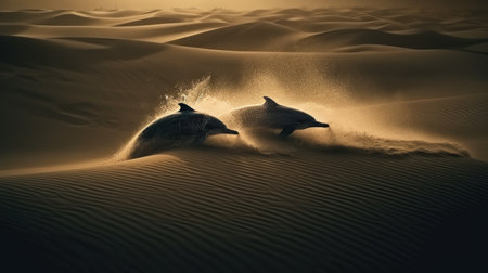 fantasy dolphins jump out of sand dunes.の素材