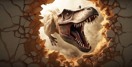 Tyrannosaurus rushes out of the hole in the wall.の素材