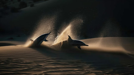 fantasy dolphins jump out of sand dunes.の素材