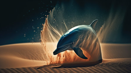 fantasy dolphins jump out of sand dunes.の素材