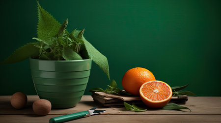 juicy oranges on the green matt background.の素材