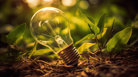 light bulb on the green background with leaves.の素材
