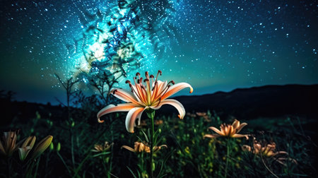 lily flower on the night sky background.の素材