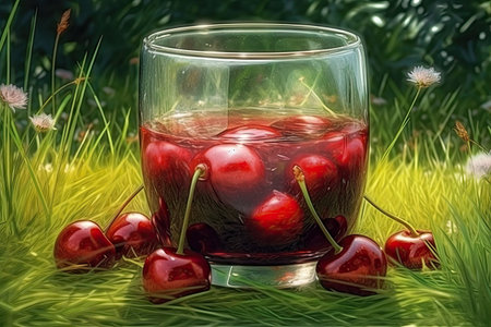 glass full of water with sweet cherries.の素材