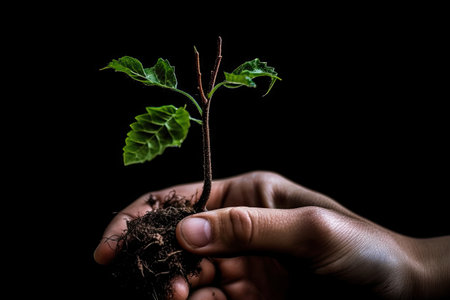 hand holds soil with plant.の素材