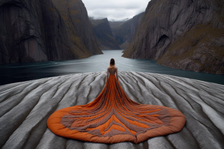 back of the girl in long dress, stand on the cliff.の素材