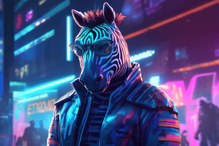 portrait of zebra in cyberpunk clothes.の素材