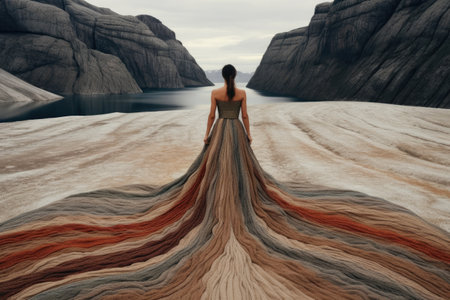 back of the girl in long dress, stand on the cliff.の素材