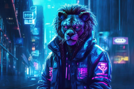 portrait of lion in cyberpunk clothes.の素材