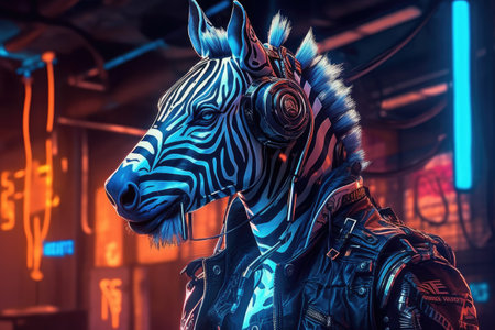 portrait of zebra in cyberpunk clothes.の素材