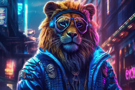 portrait of lion in cyberpunk clothes.の素材
