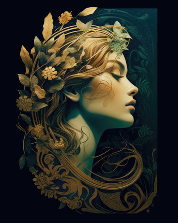 illustration of a beautiful woman with plants around head.の素材