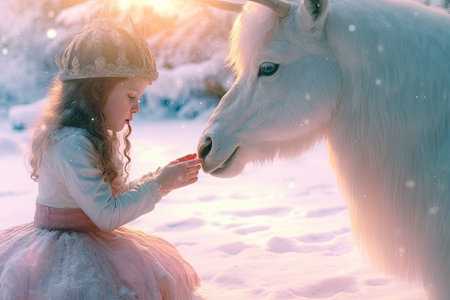 illustration of a snowy fairytale with little girl and white horse.の素材