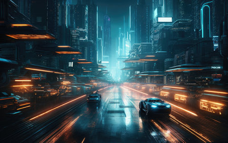 futuristic neon city with highways.の素材