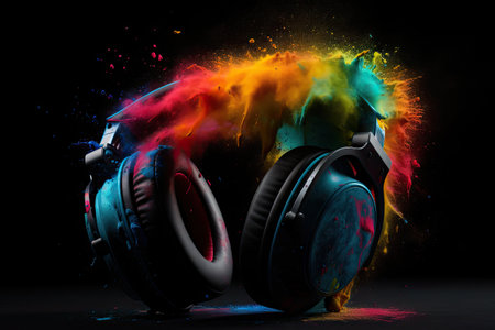 headphones with colorful powder explosion.の素材