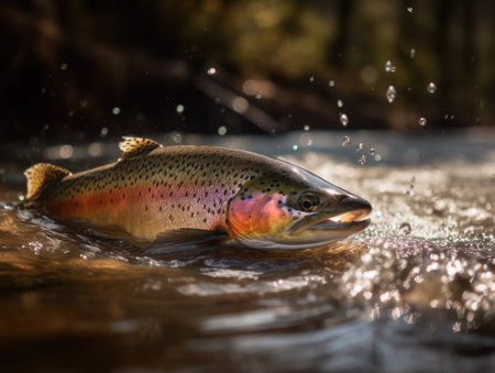 trout jumps out of the stream water.の素材