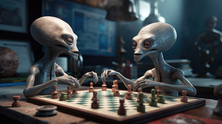 cheerful aliens play table game.の素材