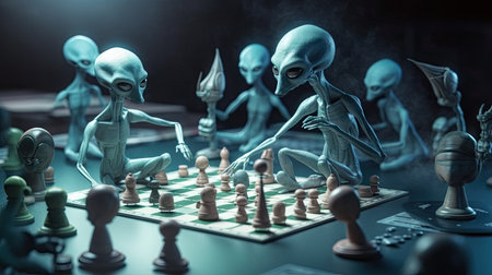 cheerful aliens play table game.の素材