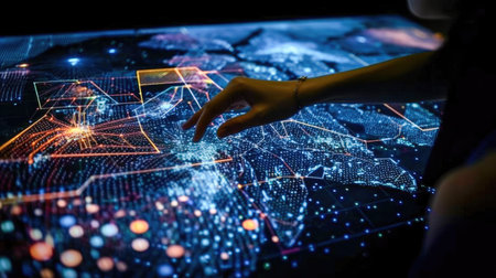 woman touching glowing global map.の素材