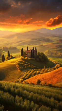 valley with wooden house.の素材