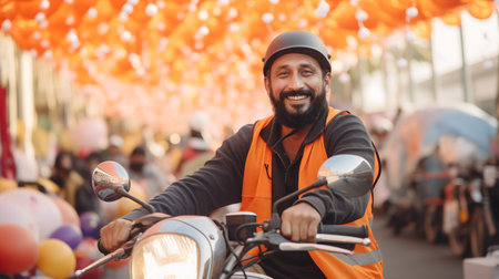 smiling delivery man in the sunny day.の素材