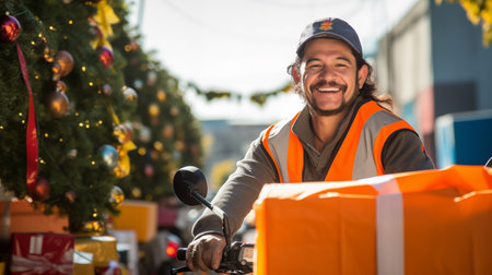 smiling delivery man in the sunny day.の素材
