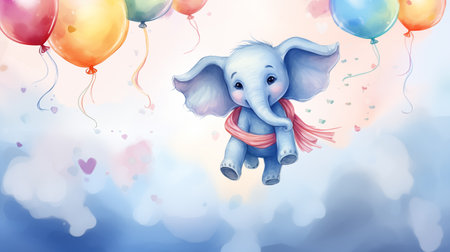 watercolor elephant with balloons.の素材
