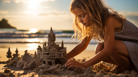 little girl builds a sandcastle.の素材