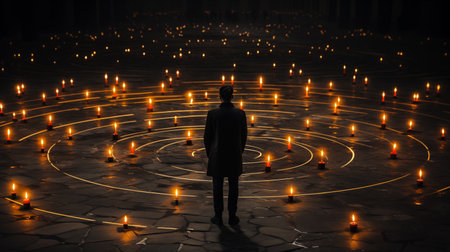 man in the circle of the candles.の素材
