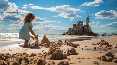 little girl builds a sandcastle.の素材